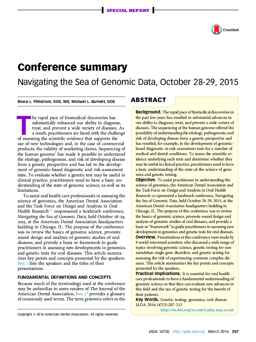 Conference summary : Navigating the Sea of Genomic Data, October 28-29, 2015