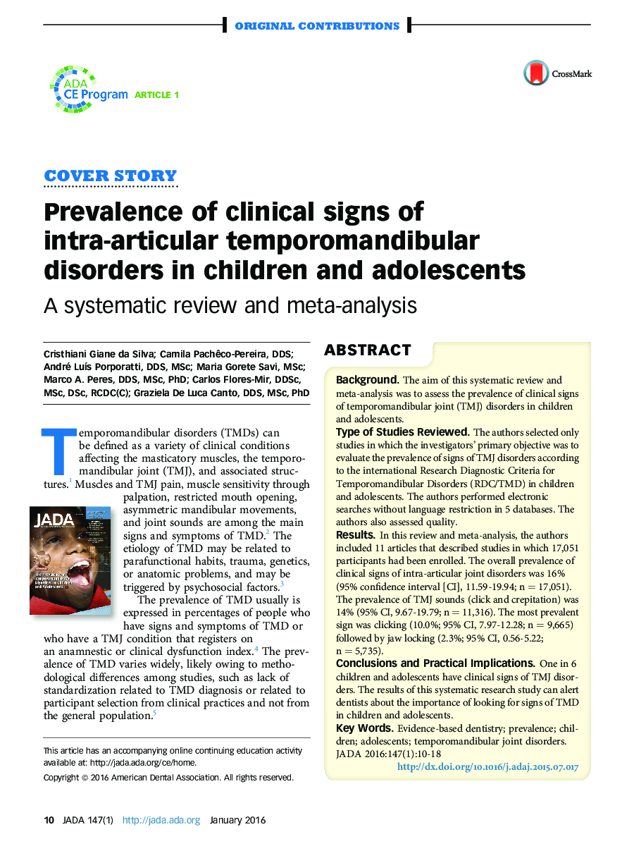 Prevalence of clinical signs of intra-articular temporomandibular disorders in children and adolescents