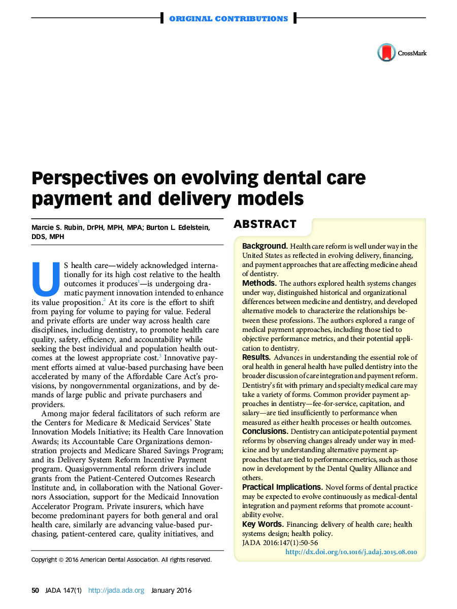 Perspectives on evolving dental care payment and delivery models 