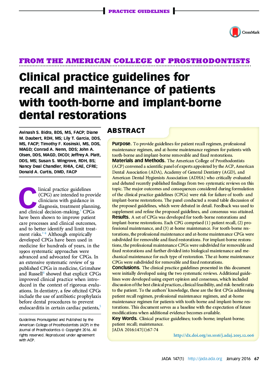 Clinical practice guidelines for recall and maintenance of patients with tooth-borne and implant-borne dental restorations 