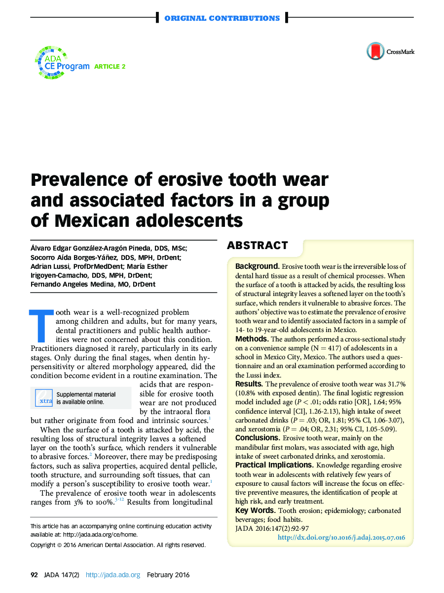 Prevalence of erosive tooth wear and associated factors in a group of Mexican adolescents 