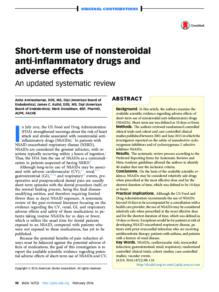 Short-term use of nonsteroidal anti-inflammatory drugs and adverse effects : An updated systematic review