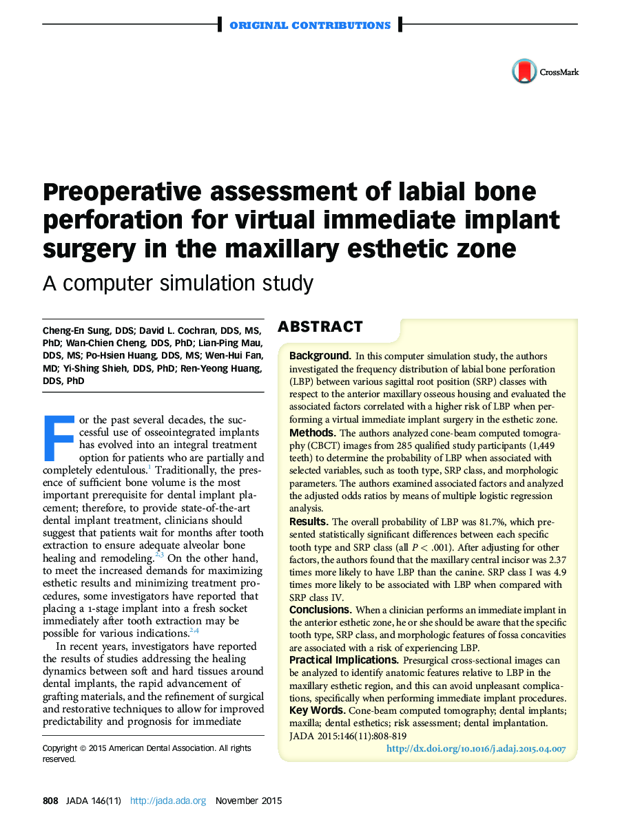Preoperative assessment of labial bone perforation for virtual immediate implant surgery in the maxillary esthetic zone : A computer simulation study