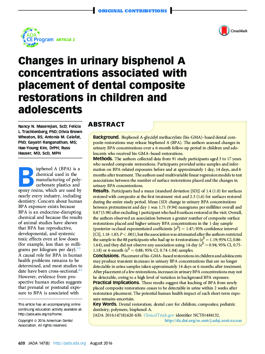Changes in urinary bisphenol A concentrations associated with placement of dental composite restorations in children and adolescents 