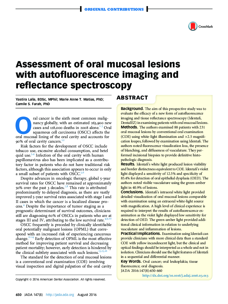 Assessment of oral mucosal lesions with autofluorescence imaging and reflectance spectroscopy