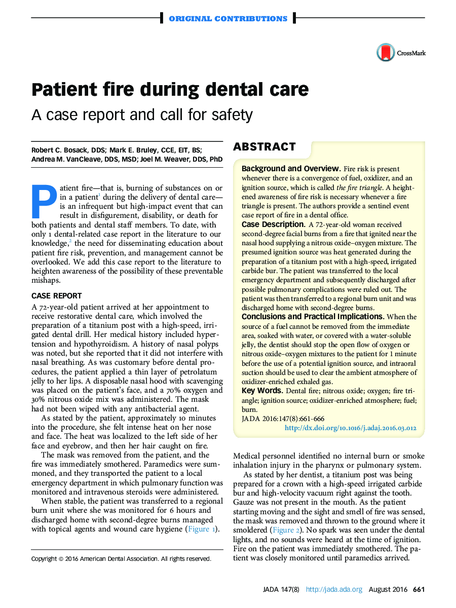 Patient fire during dental care : A case report and call for safety