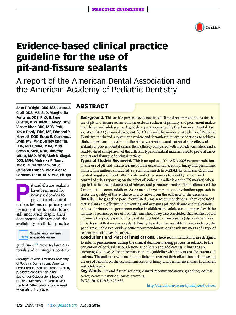 Evidence-based clinical practice guideline for the use of pit-and-fissure sealants