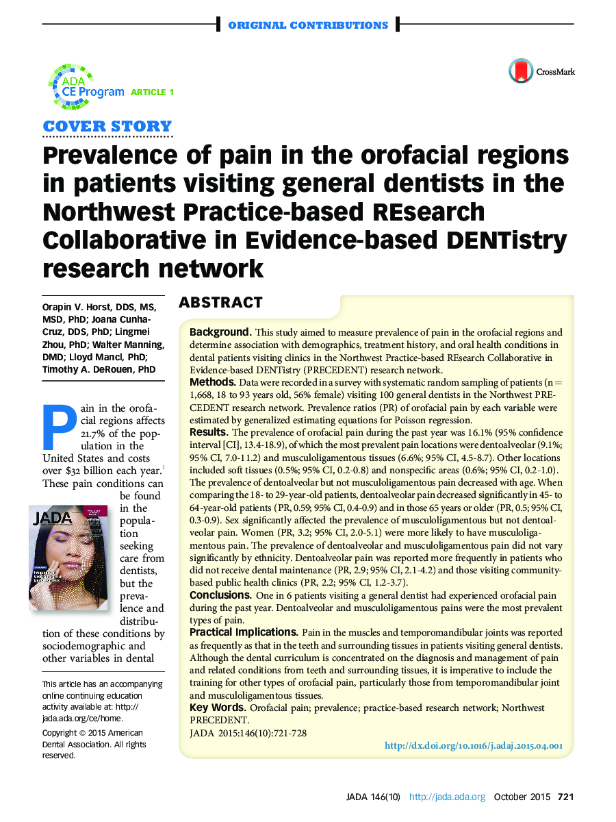 Prevalence of pain in the orofacial regions in patients visiting general dentists in the Northwest Practice-based REsearch Collaborative in Evidence-based DENTistry research network