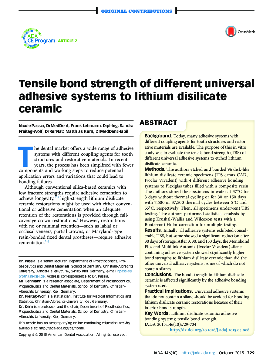 Tensile bond strength of different universal adhesive systems to lithium disilicate ceramic 