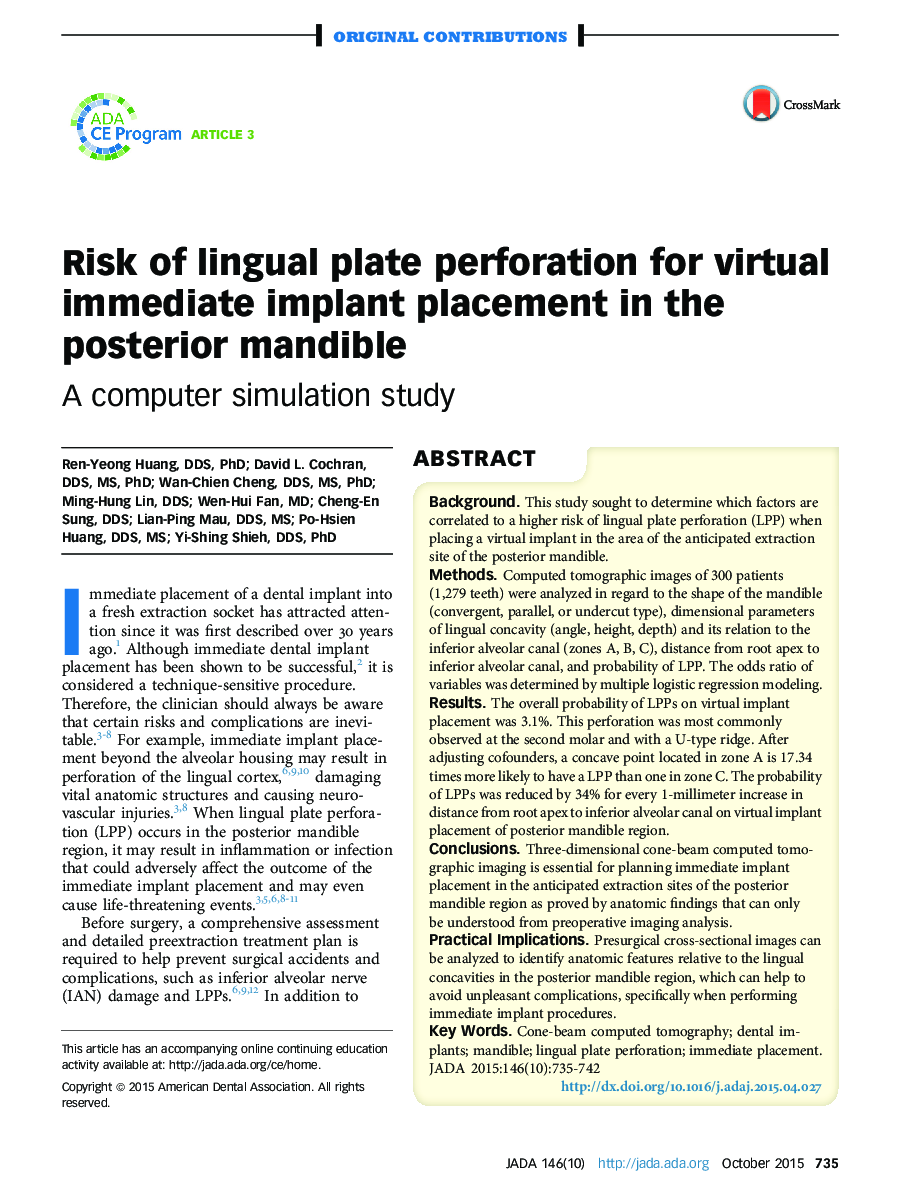 Risk of lingual plate perforation for virtual immediate implant placement in the posterior mandible : A computer simulation study