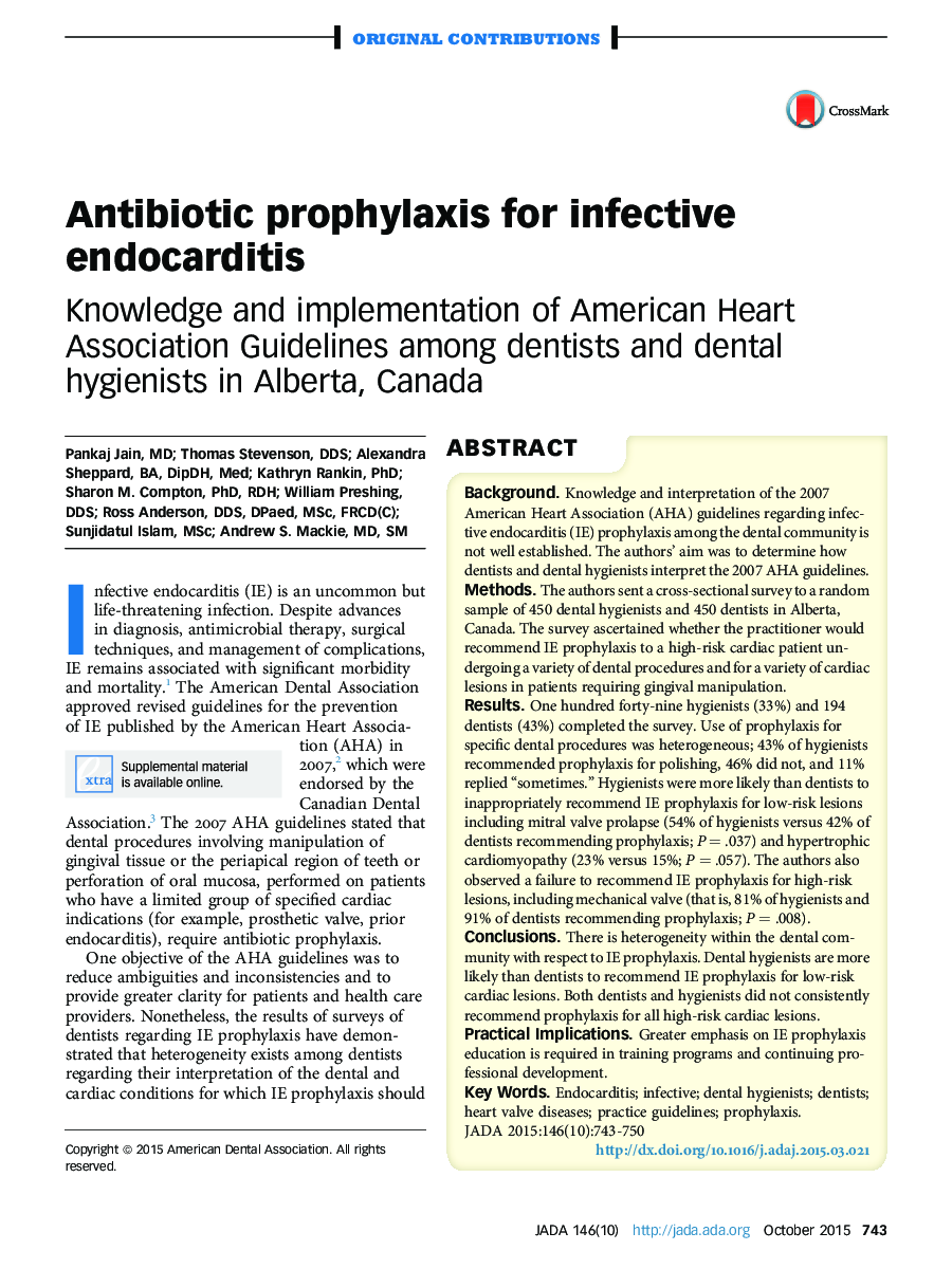 Antibiotic prophylaxis for infective endocarditis : Knowledge and implementation of American Heart Association Guidelines among dentists and dental hygienists in Alberta, Canada