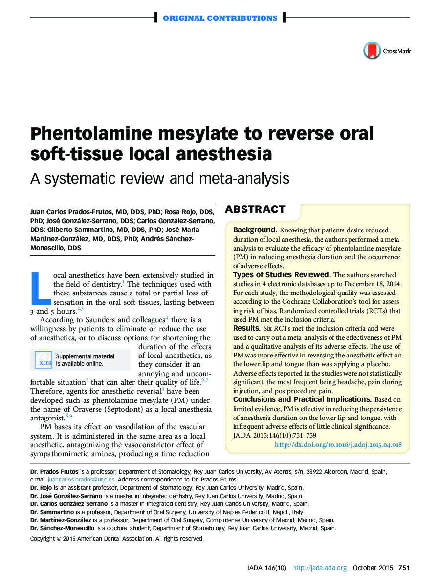 Phentolamine mesylate to reverse oral soft-tissue local anesthesia