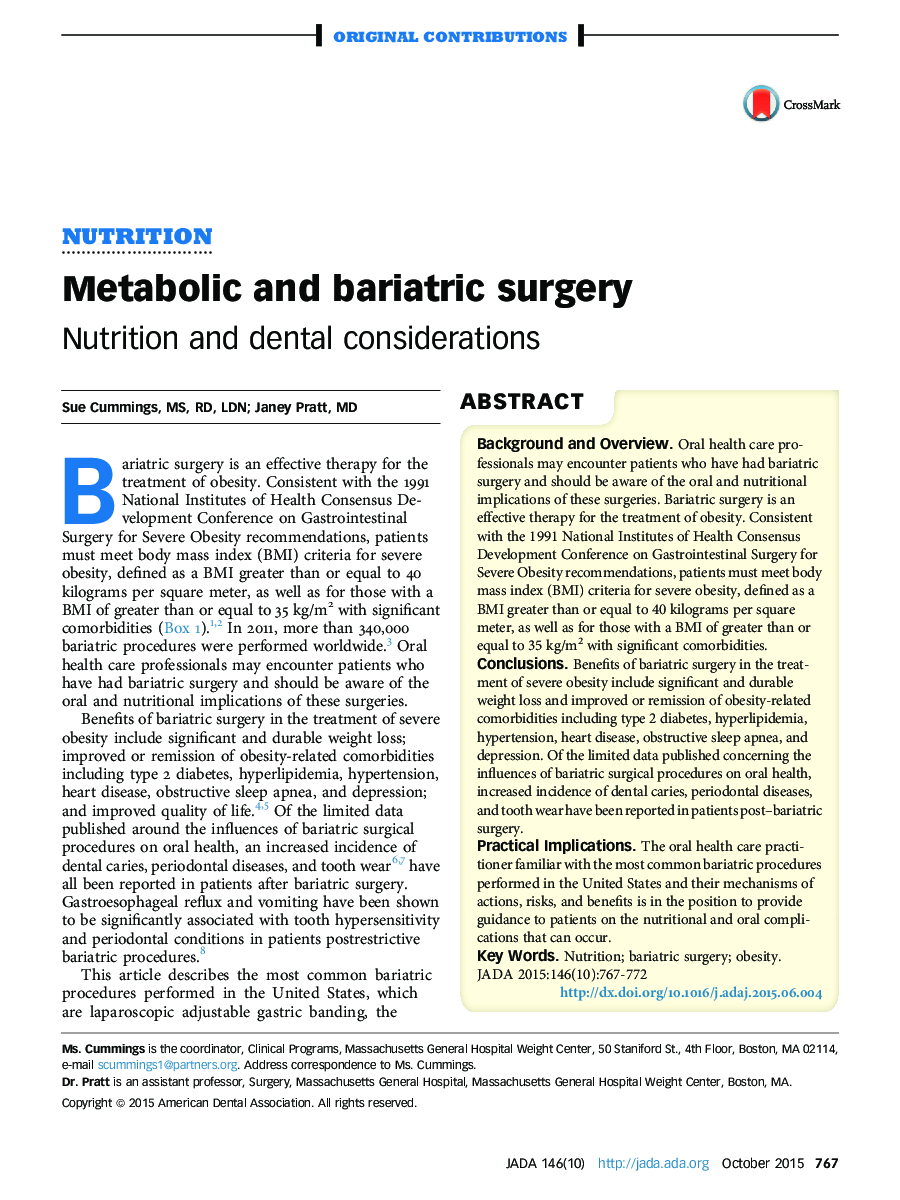 Metabolic and bariatric surgery : Nutrition and dental considerations