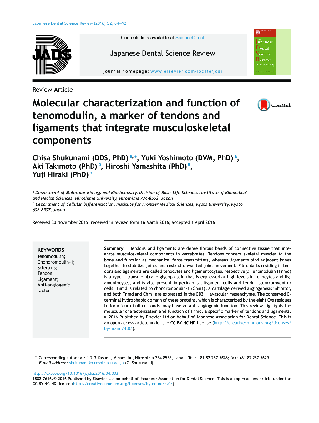 Molecular characterization and function of tenomodulin, a marker of tendons and ligaments that integrate musculoskeletal components