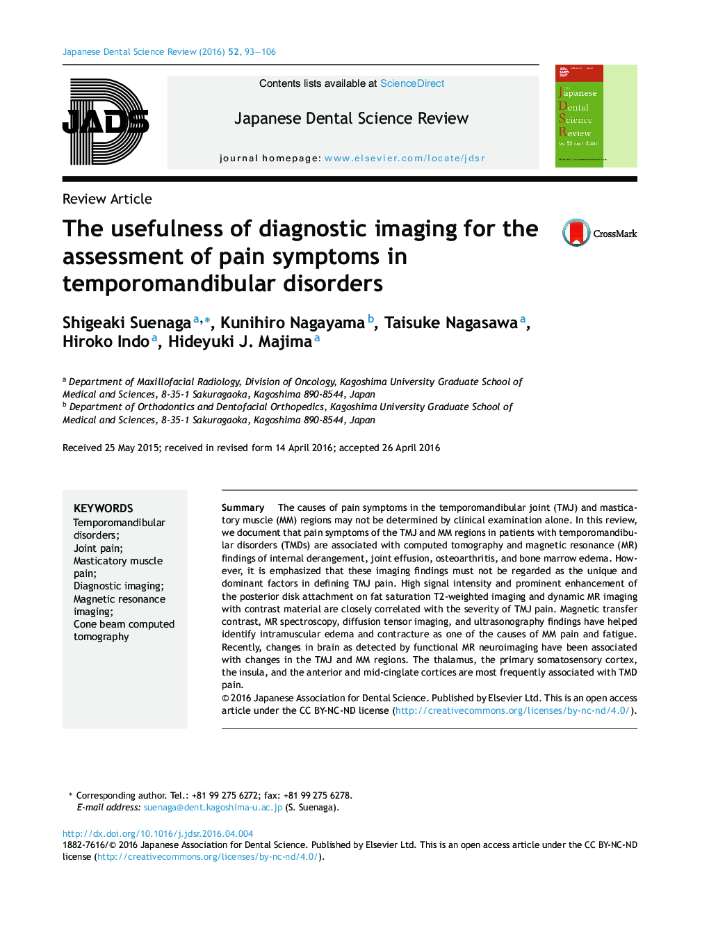 The usefulness of diagnostic imaging for the assessment of pain symptoms in temporomandibular disorders