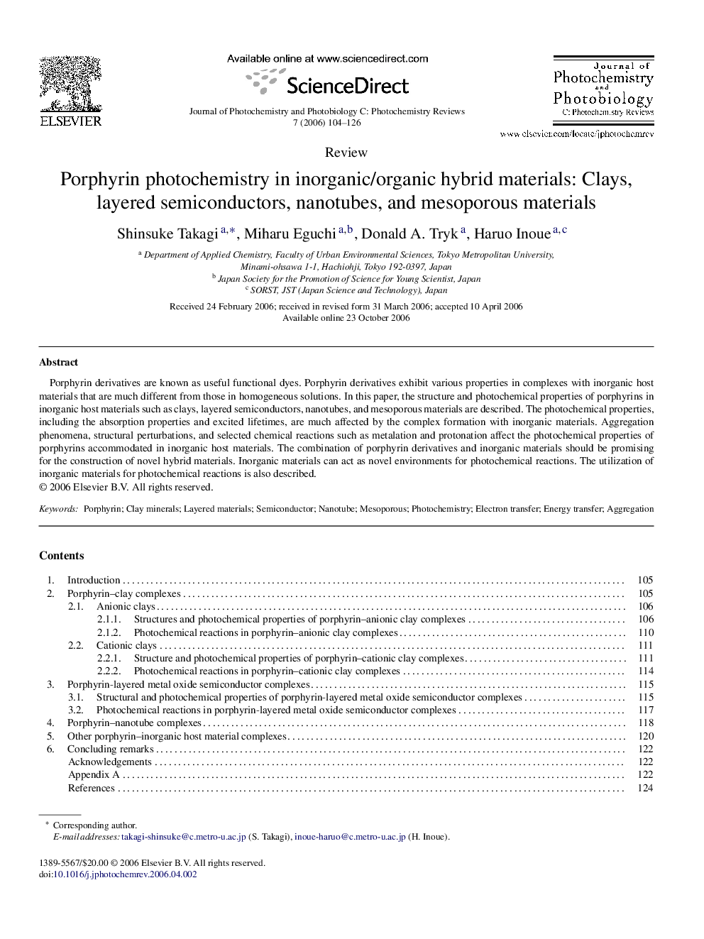 Porphyrin photochemistry in inorganic/organic hybrid materials: Clays, layered semiconductors, nanotubes, and mesoporous materials