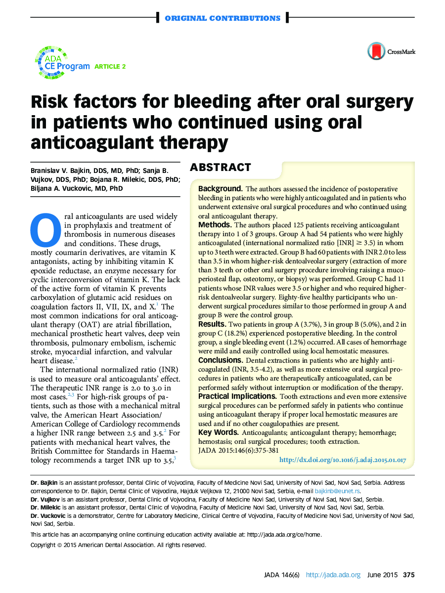 Risk factors for bleeding after oral surgery in patients who continued using oral anticoagulant therapy 