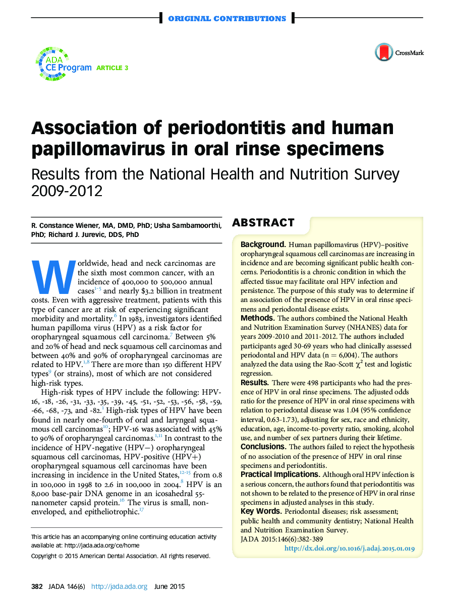 Association of periodontitis and human papillomavirus in oral rinse specimens : Results from the National Health and Nutrition Survey 2009-2012