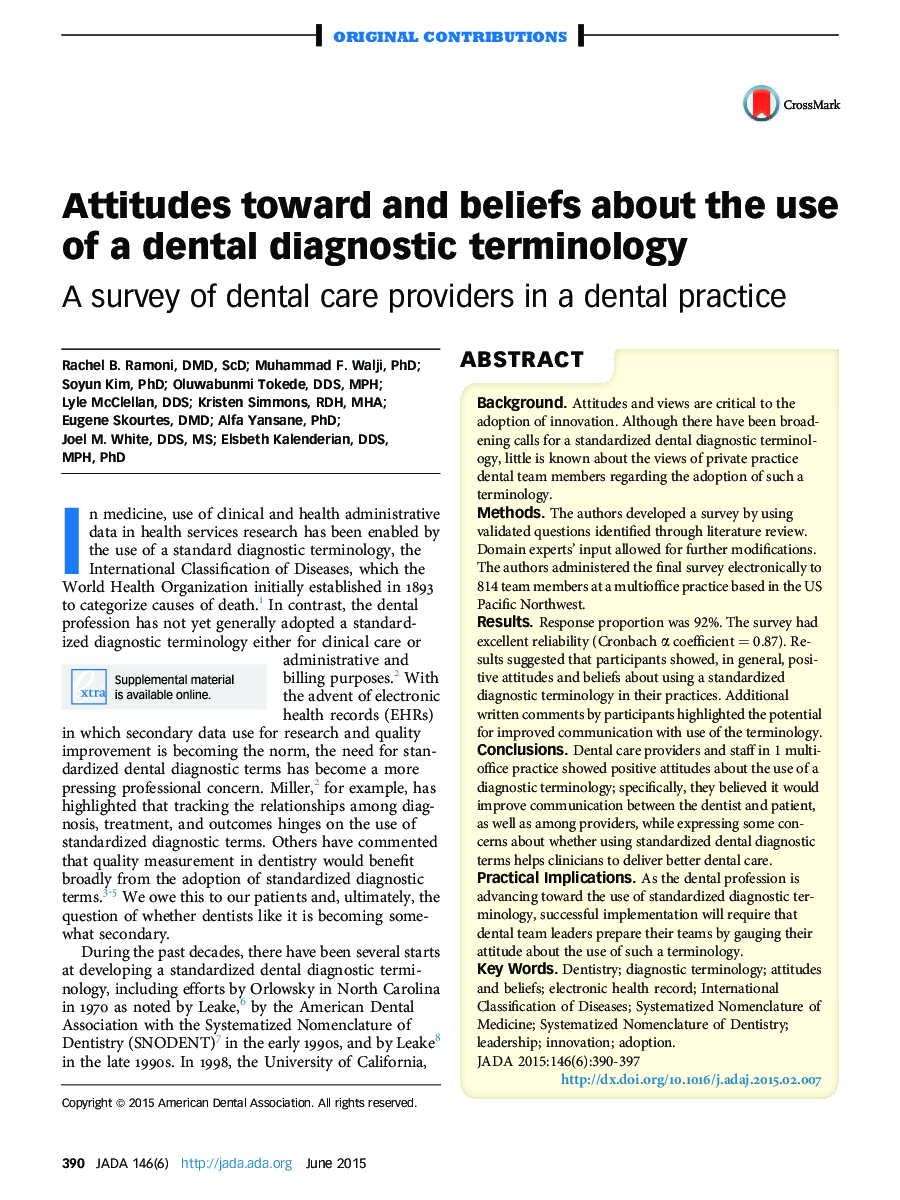 Attitudes toward and beliefs about the use of a dental diagnostic terminology : A survey of dental care providers in a dental practice