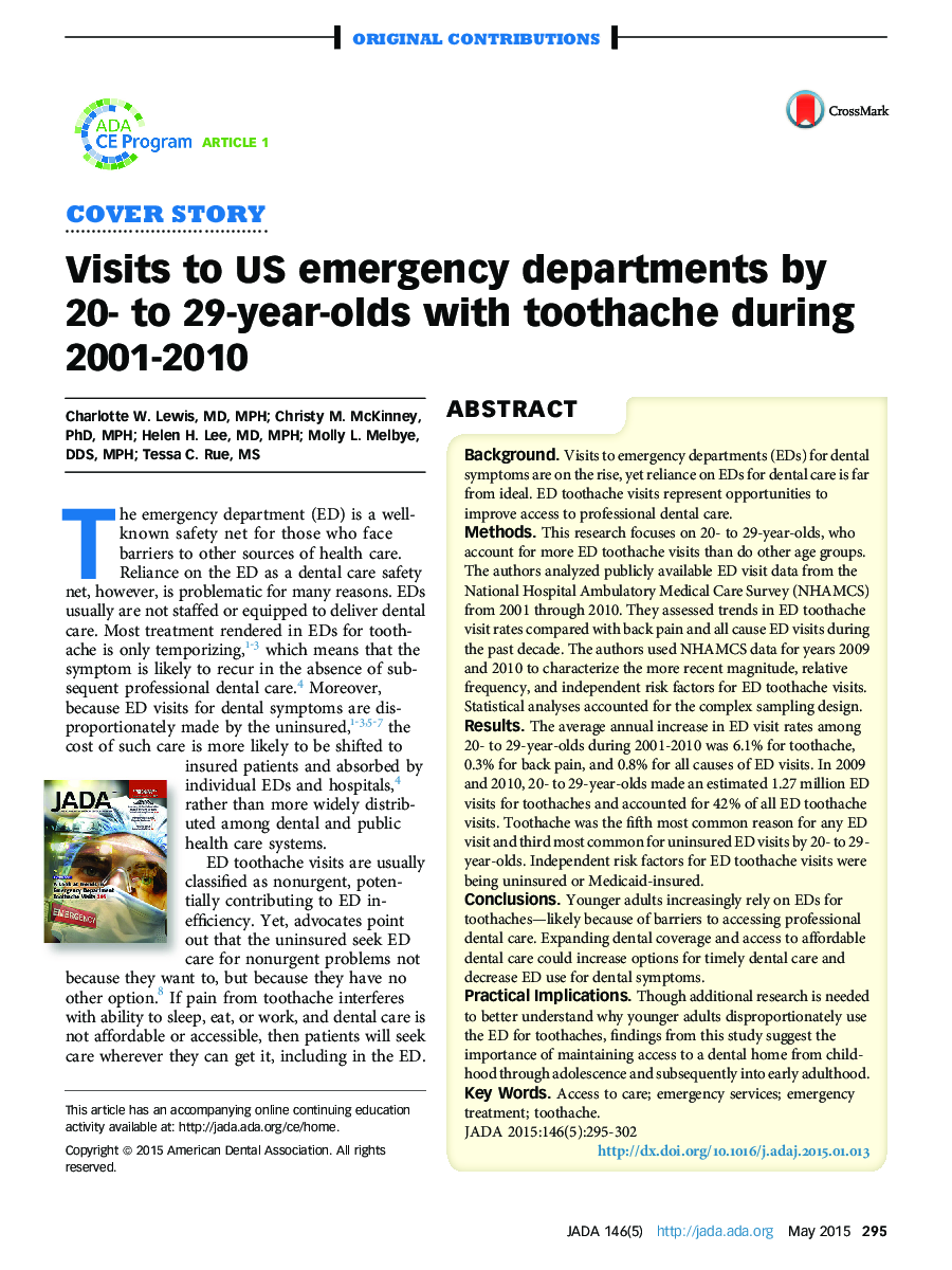 Visits to US emergency departments by 20- to 29-year-olds with toothache during 2001-2010