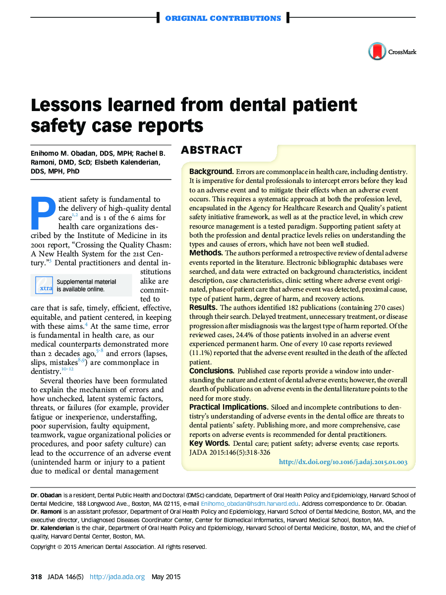 Lessons learned from dental patient safety case reports