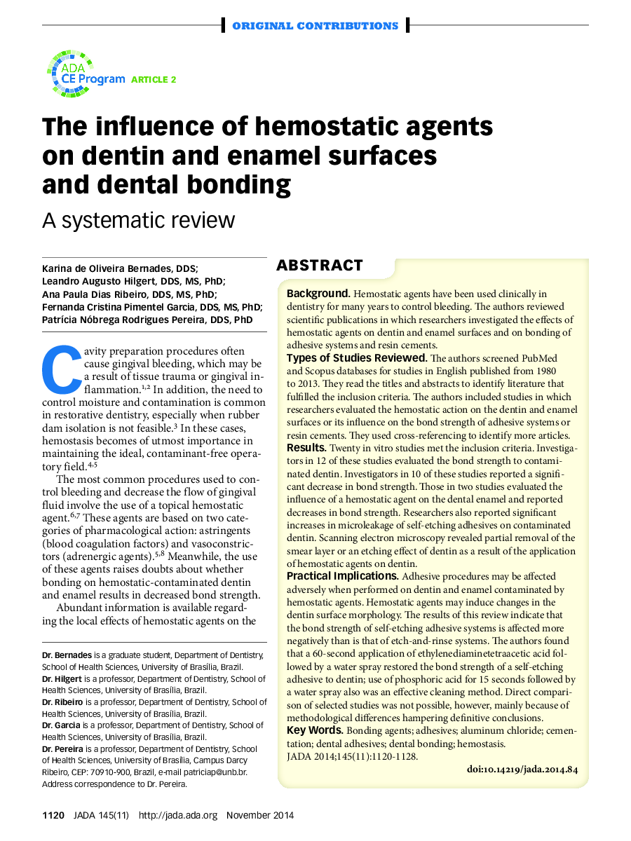 The influence of hemostatic agents on dentin and enamel surfaces and dental bonding : A systematic review