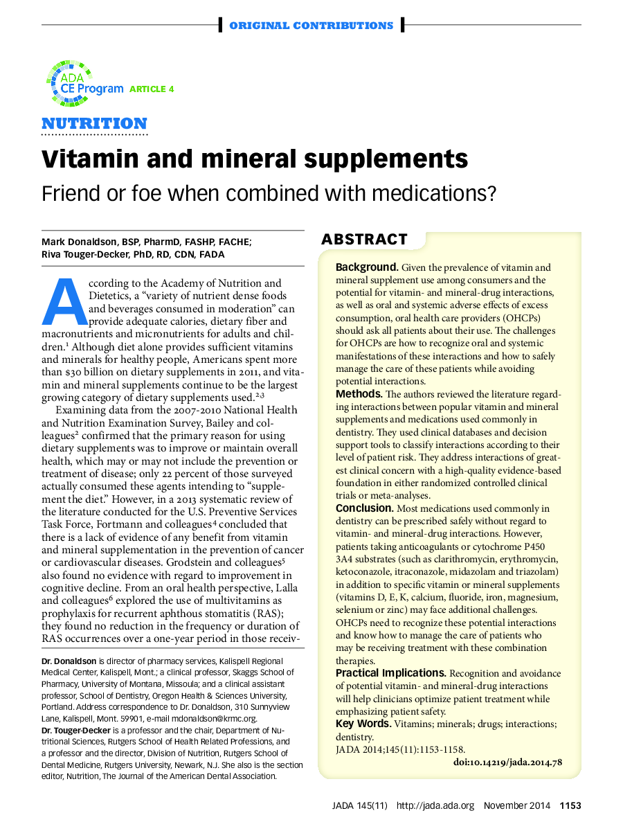 Vitamin and mineral supplements : Friend or foe when combined with medications?