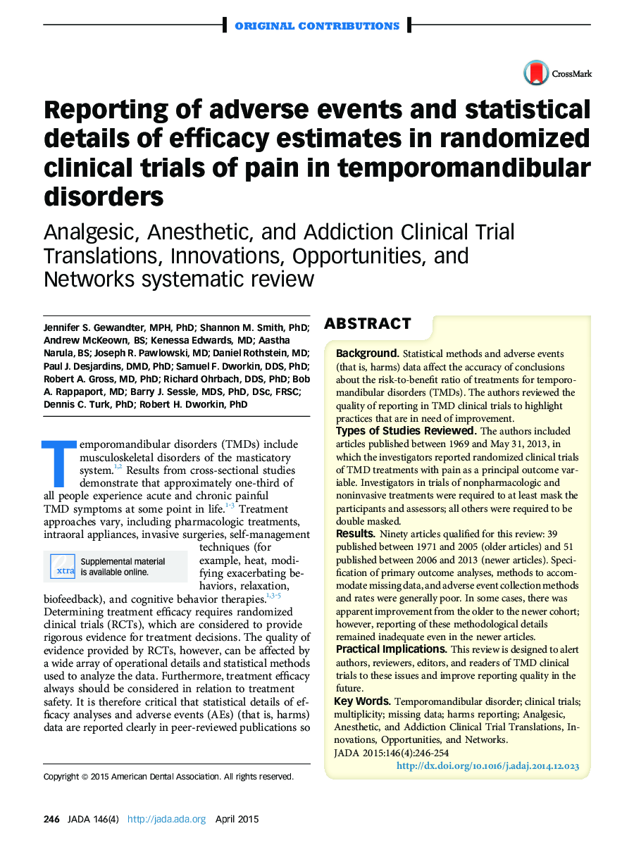 Reporting of adverse events and statistical details of efficacy estimates in randomized clinical trials of pain in temporomandibular disorders