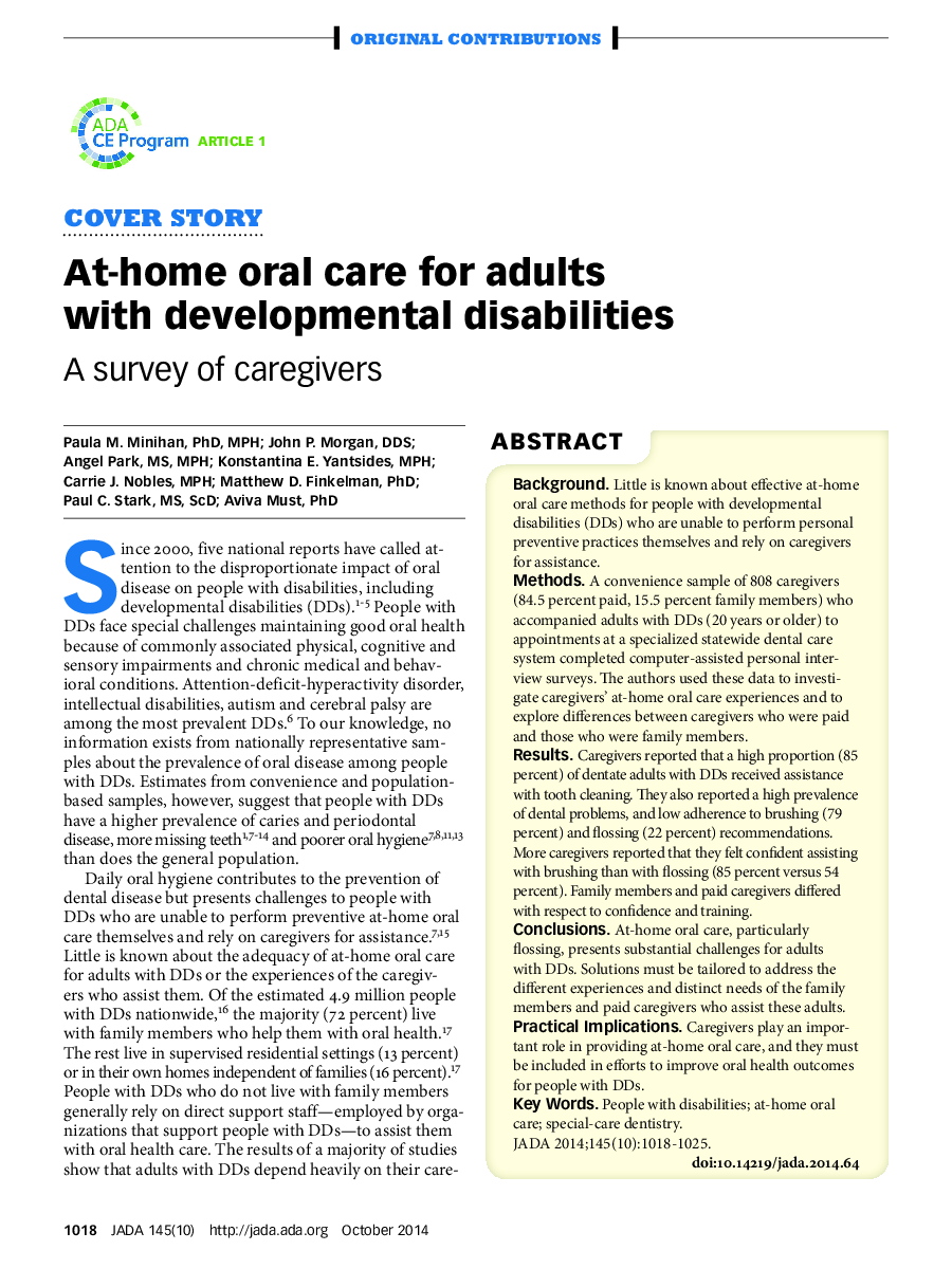 At-home oral care for adults with developmental disabilities : A survey of caregivers
