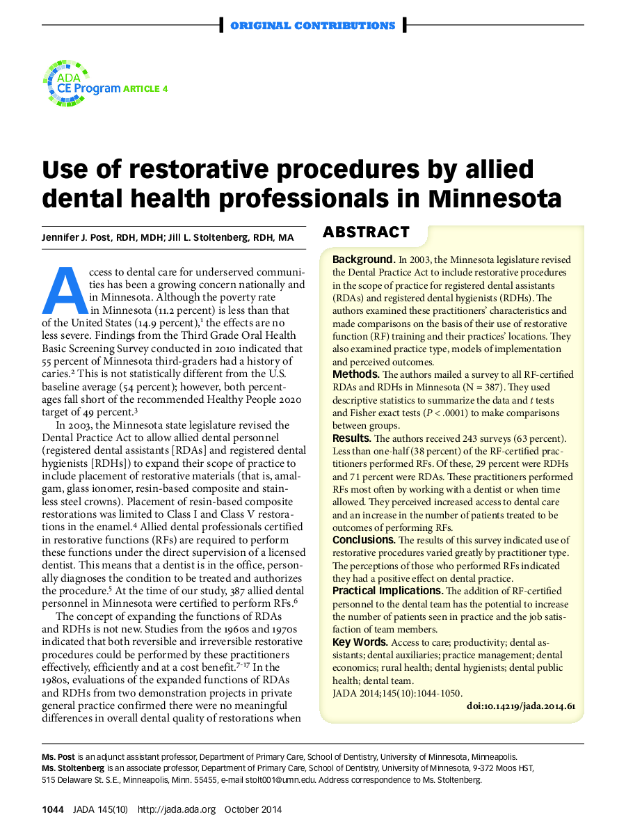 Use of restorative procedures by allied dental health professionals in Minnesota 