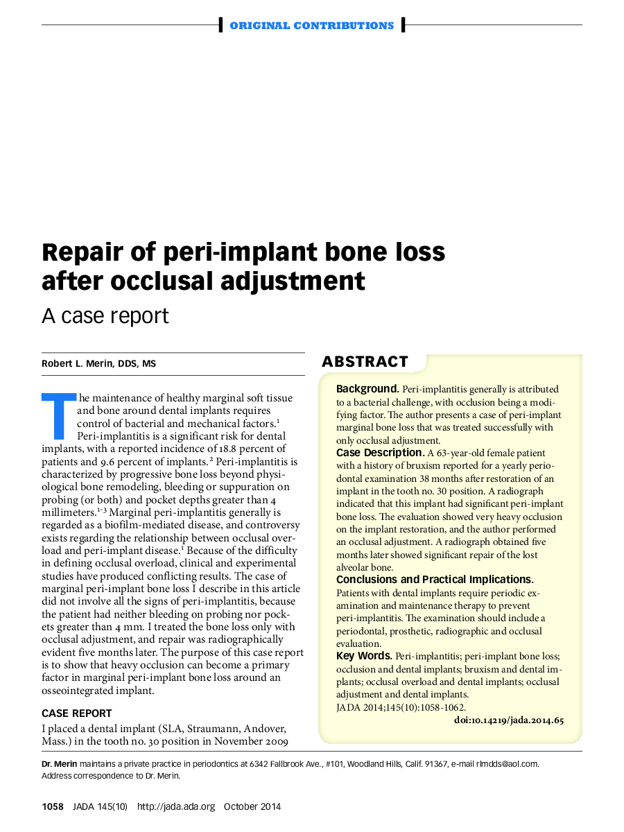 Repair of peri-implant bone loss after occlusal adjustment : A case report