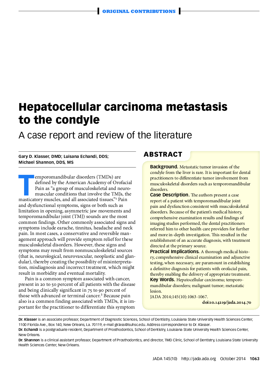 Hepatocellular carcinoma metastasis to the condyle : A case report and review of the literature