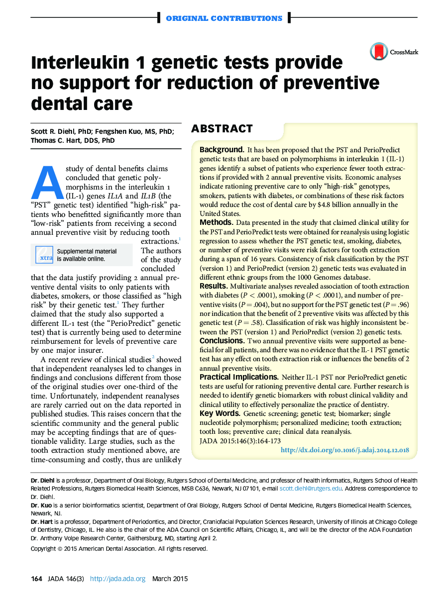 Interleukin 1 genetic tests provide no support for reduction of preventive dental care