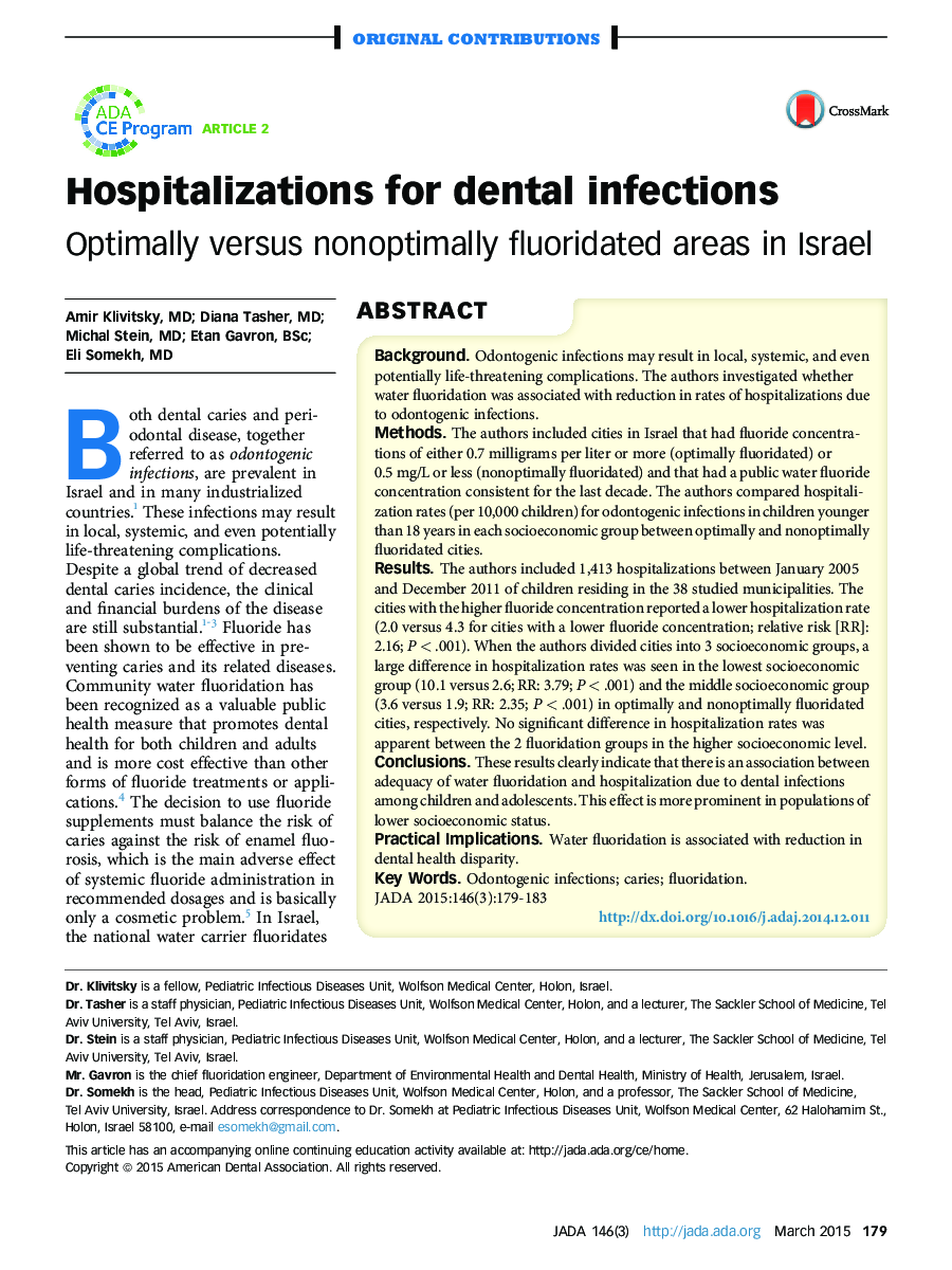 Hospitalizations for dental infections : Optimally versus nonoptimally fluoridated areas in Israel