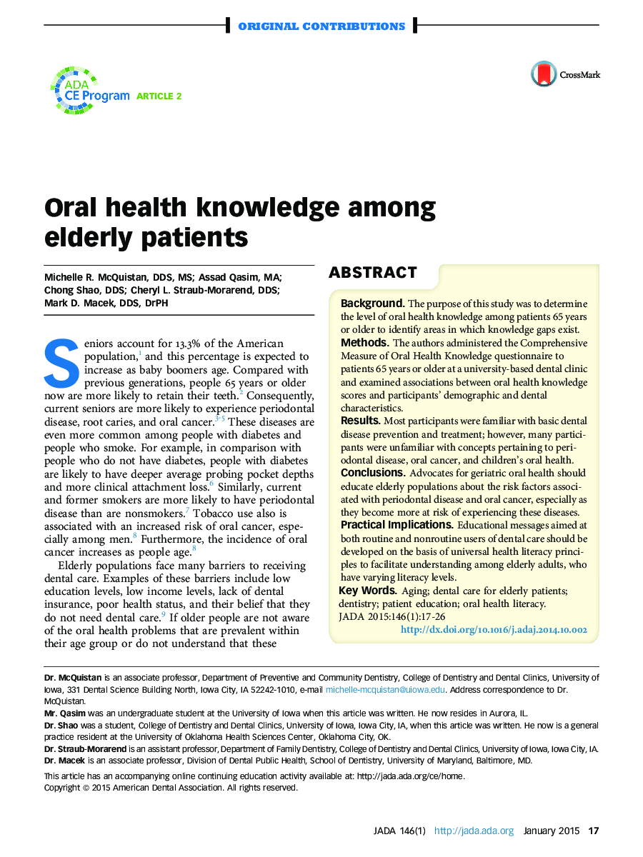 Oral health knowledge among elderly patients 