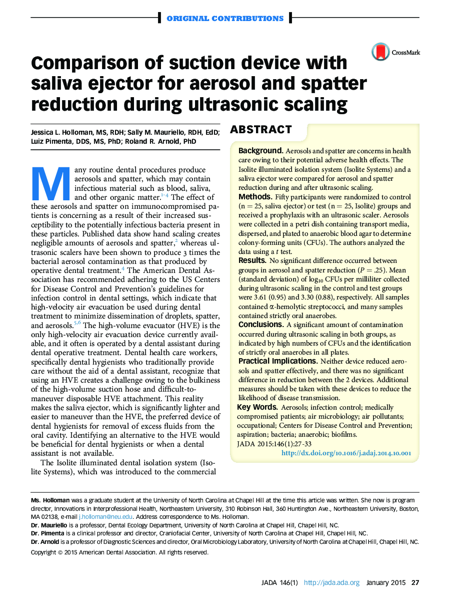 Comparison of suction device with saliva ejector for aerosol and spatter reduction during ultrasonic scaling 