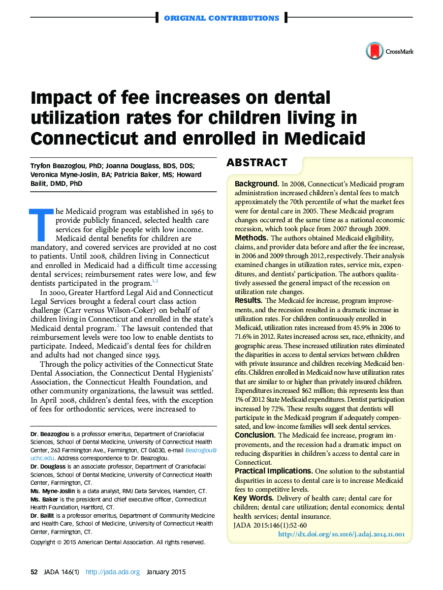 Impact of fee increases on dental utilization rates for children living in Connecticut and enrolled in Medicaid 
