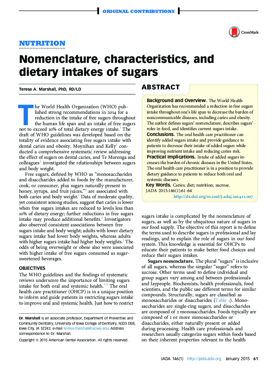 Nomenclature, characteristics, and dietary intakes of sugars