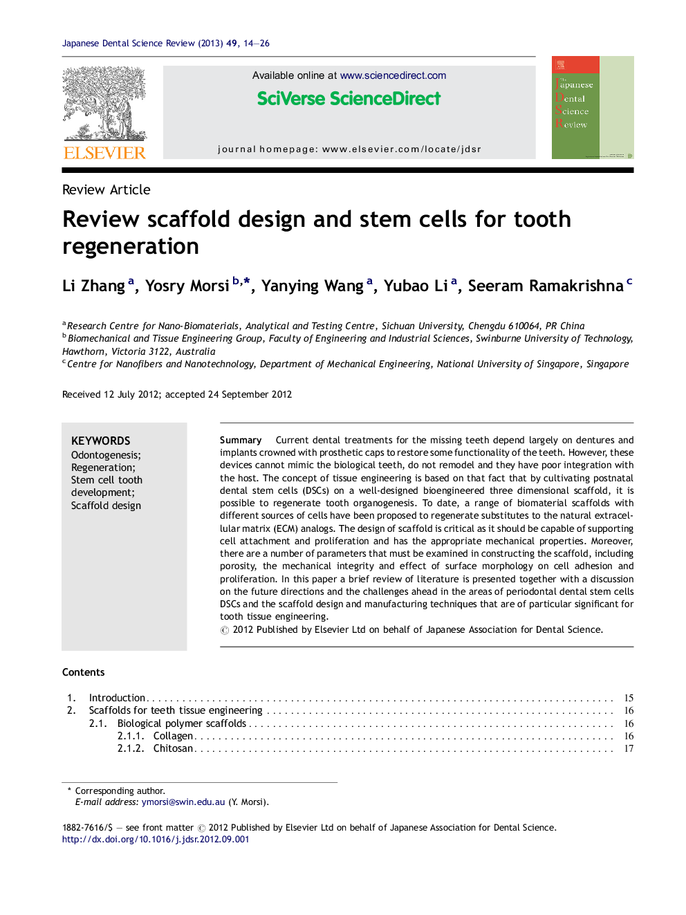 Review scaffold design and stem cells for tooth regeneration