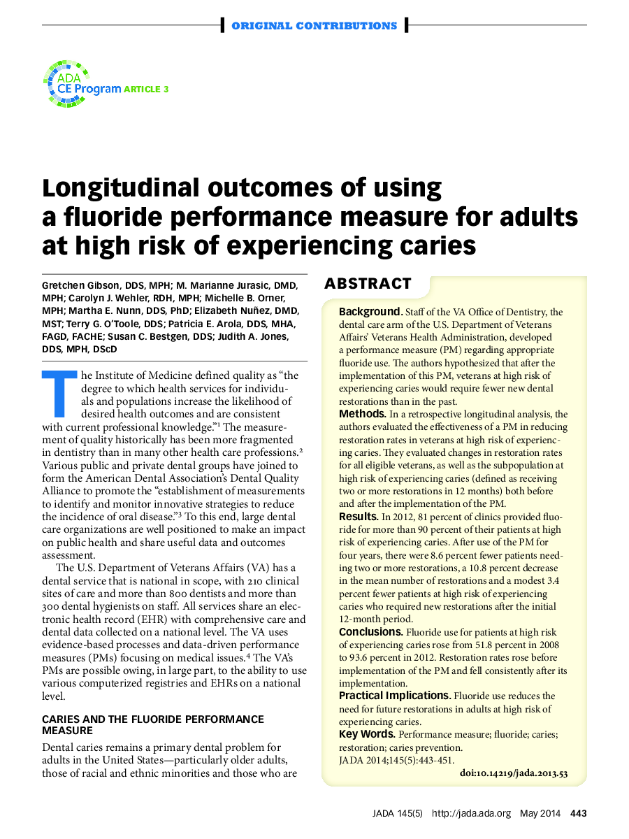 Longitudinal outcomes of using a fluoride performance measure for adults at high risk of experiencing caries 