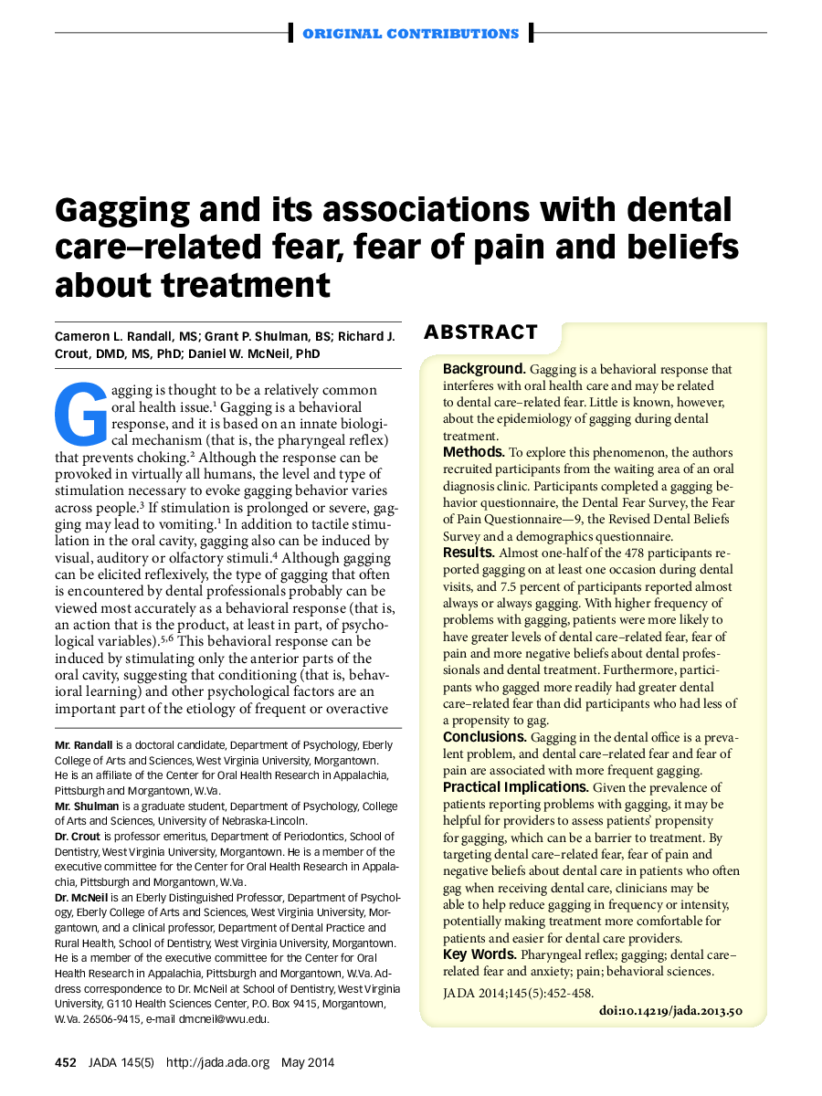 Gagging and its associations with dental care–related fear, fear of pain and beliefs about treatment 
