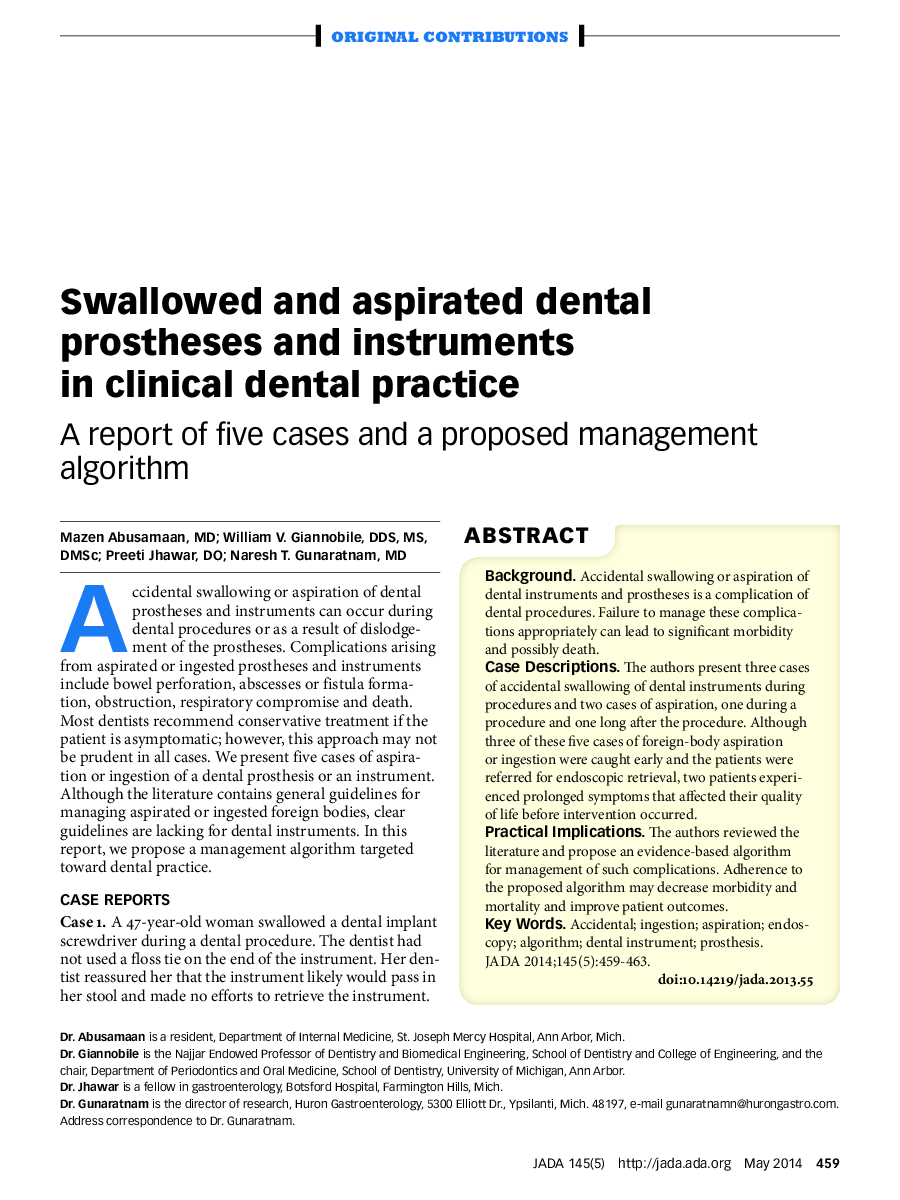 Swallowed and aspirated dental prostheses and instruments in clinical dental practice : A report of five cases and a proposed management algorithm