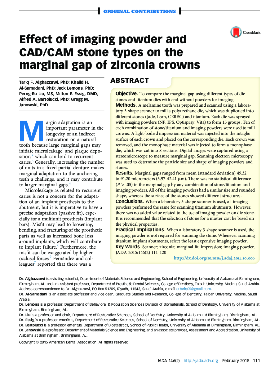 Effect of imaging powder and CAD/CAM stone types on the marginal gap of zirconia crowns 