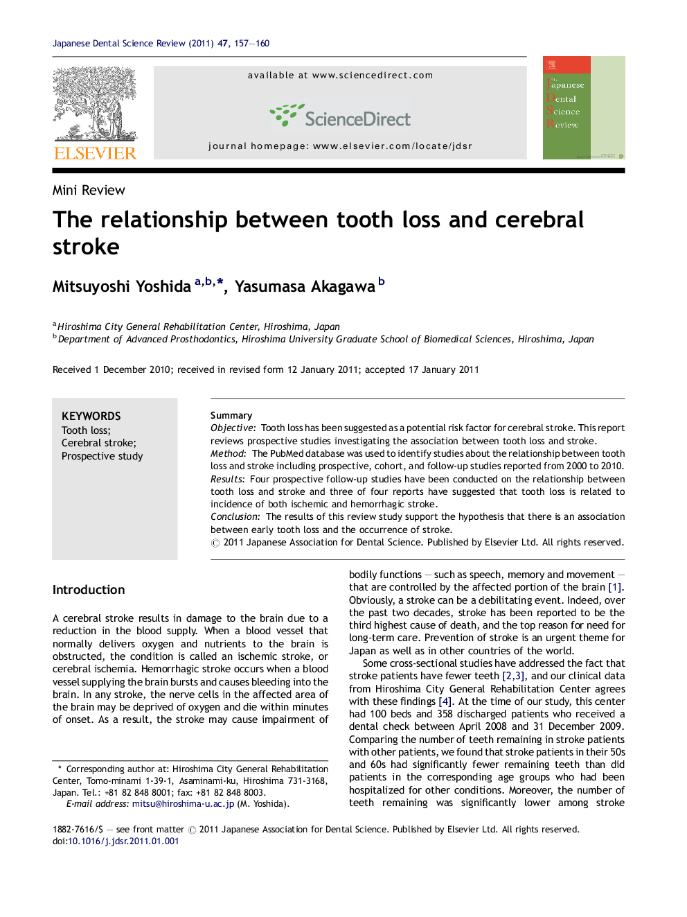 The relationship between tooth loss and cerebral stroke