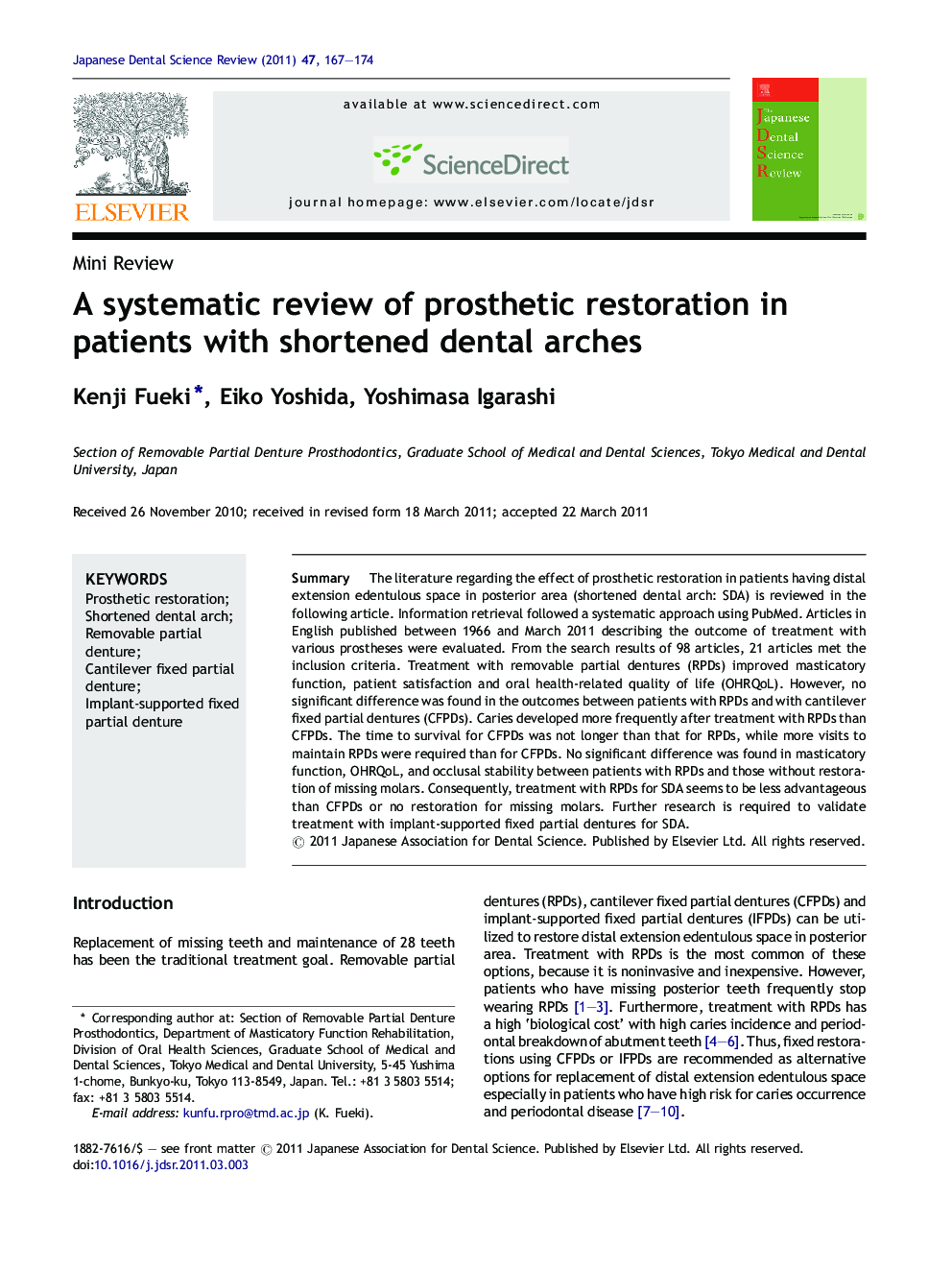 A systematic review of prosthetic restoration in patients with shortened dental arches
