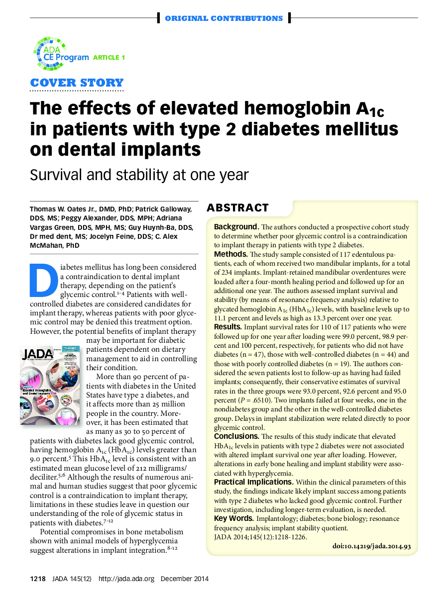 The effects of elevated hemoglobin A1c in patients with type 2 diabetes mellitus on dental implants 