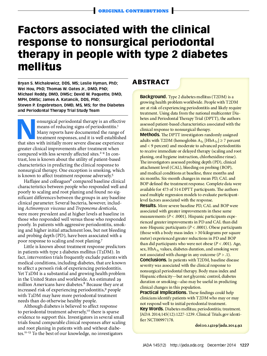 Factors associated with the clinical response to nonsurgical periodontal therapy in people with type 2 diabetes mellitus 