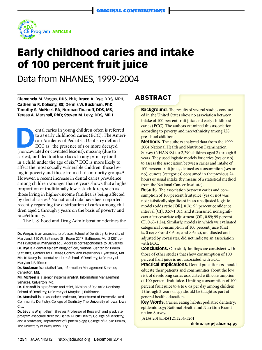 Early childhood caries and intake of 100 percent fruit juice : Data from NHANES, 1999-2004