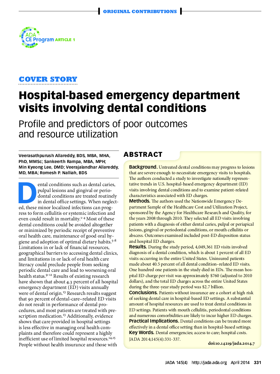 Hospital-based emergency department visits involving dental conditions : Profile and predictors of poor outcomes and resource utilization