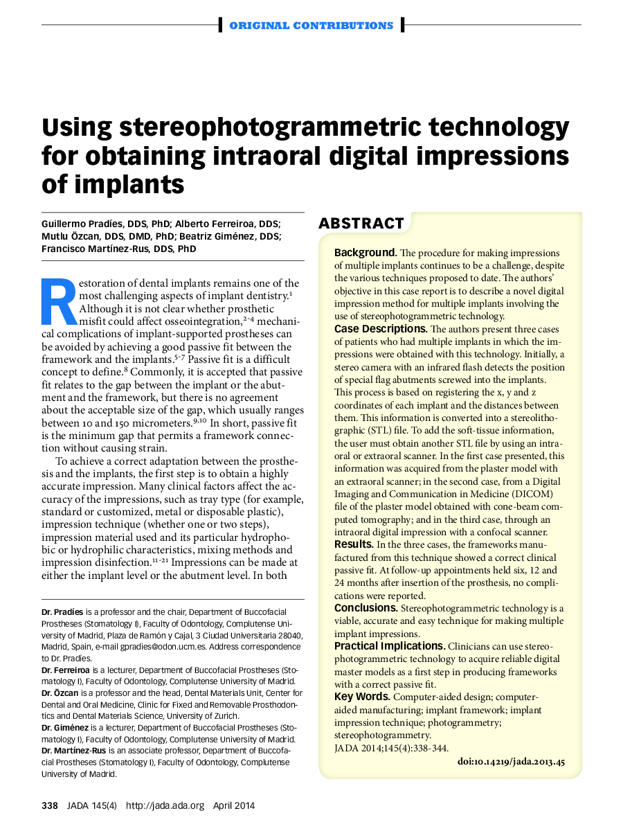 Using stereophotogrammetric technology for obtaining intraoral digital impressions of implants 